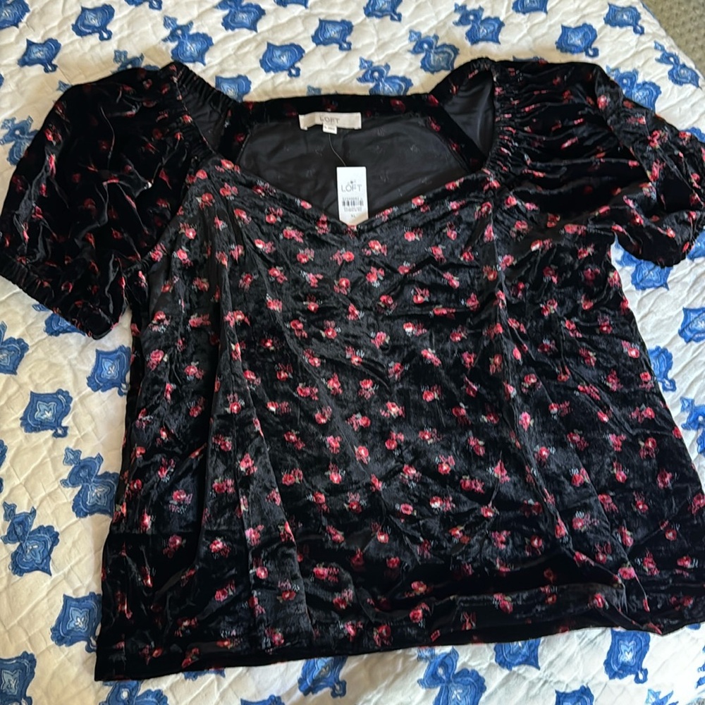Loft velvet roses puff sleeve top